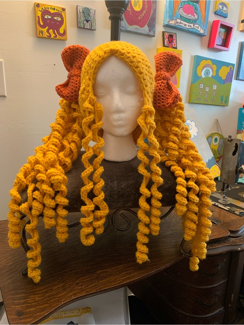 Handmade Yellow Curly Crochet Wig with Bows